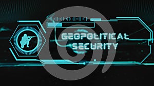 Geopolitical Security inscription on black background. Graphic presentation with neon sensors with scale and symbol of