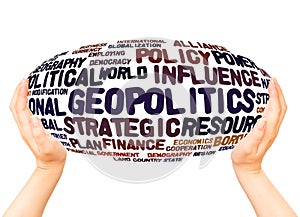 Geopolitics word cloud hand sphere hand sphere concept