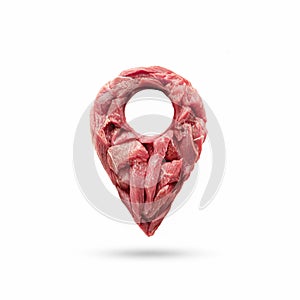 geoposition pointer made of fresh natural meat, isolate on a white background. the location of the butcher shop on the