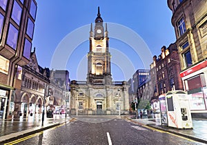 George Street towards St. George's Tron Church, the Church of Scotland, located in the city centre, at Nelson Mandela Place