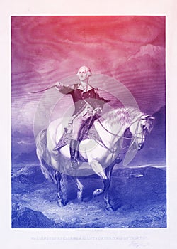 George Washington engraved illustration on horseback, in line art photo