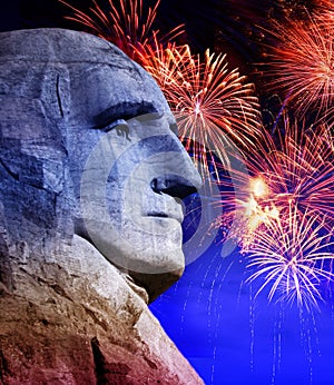 George Washington at Mt. Rushmore, South Dakota with fireworks