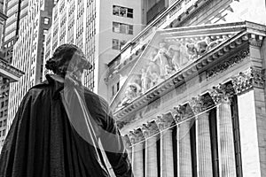 George Washington observing the New York Stock Exchange building