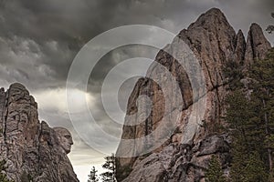 George Washington sculpture Mount Rushmore side view dramatic sky