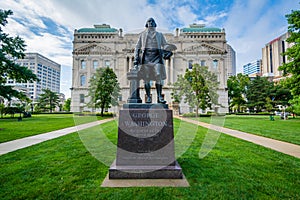 George Washington Statue and the Indiana State House in Indianapolis, Indiana
