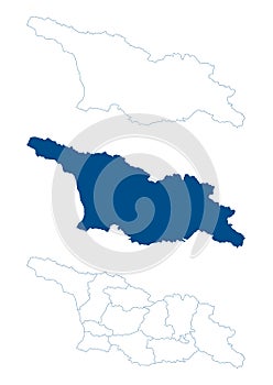 Georgia country map. Detailed blue outline and silhouette. Administrative divisions, autonomous republics and regions. Set of ve