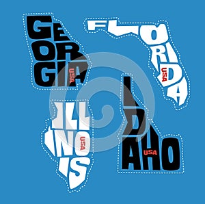 Georgia, Florida, Illinois, Idaho state names distorted into state outlines. Pop art style vector illustration.