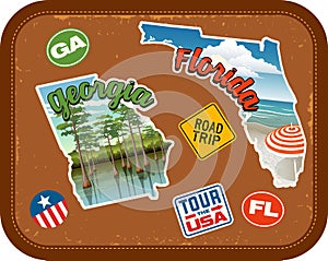 Georgia, Florida travel stickers with scenic attractions