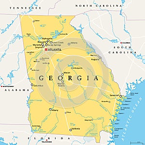 Georgia, GA, political map, Peach State, Empire State of the South