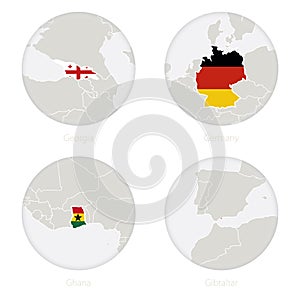 Georgia, Germany, Ghana, Gibraltar map contour and national flag in a circle