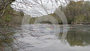 Georgia, Island Ford Park, Three people kayaking on the Chattahoochee Rive