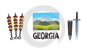 Georgia National Symbols with Dagger, Shashlik and Mountain View Vector Set