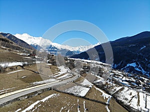 Georgia. Svaneti Region, mountain city Mestia. Land of Towers. View from above, perfect landscape photo, created by drone. Aerial