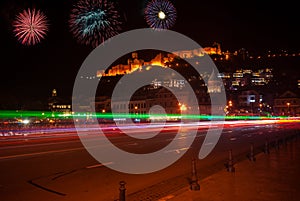 Georgia, Tbilisi - December 4, 2020: Panoramic view of the old town at night with Fireworks