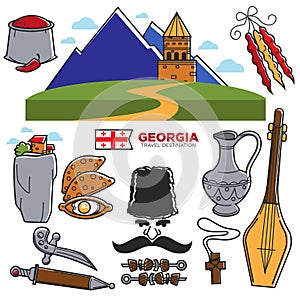 Georgia travel and tourism famous Georgian culture landmarks sightseeing vector icons