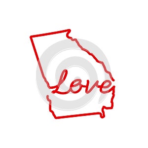 Georgia US state red outline map with the handwritten LOVE word. Vector illustration