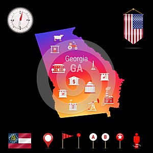 Georgia Vector Map, Night View. Compass Icon, Map Navigation Elements. Pennant Flag of the USA. Industries Icons