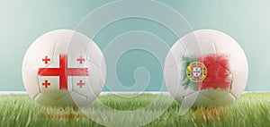 Georgia vs Portugal football match infographic template for Euro 2024 matchday scoreline announcement. Two soccer balls with