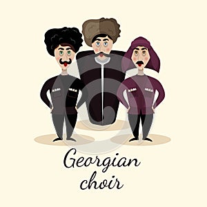Georgian choir. Georgia. Traditional costume. Cute singing Georgians in cartoon style. Characters for the menu, site, books. photo