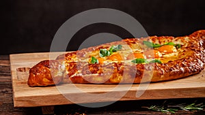 Georgian cuisine. Big khachapuri with 5 egg yolks, on a wooden board. A dish in a restaurant for a large company of people.