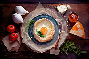 Georgian cuisine cheese and eggs top view. Generative AI, Generative, AI