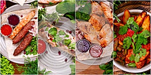Georgian cuisine collage. Different delicious vegetable and fruit salads, meat. Web design banner