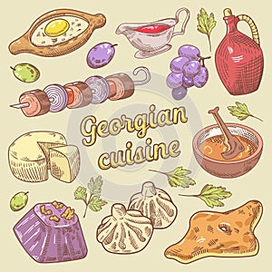 Georgian Cuisine Traditional Food with Khinkali. Hand Drawn doodle