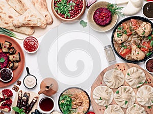 Georgian cuisine on white table top view