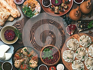 Georgian cuisine on wood table,top view,copy space