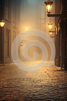 Georgian Era town street. foggy night lit by street lights.