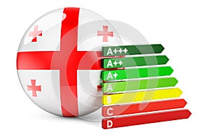 Georgian flag with energy efficiency rating. Performance certificates in Georgia concept. 3D rendering