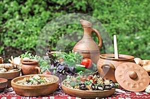 Georgian food appetizer Vegetables herbs Dinner table photo