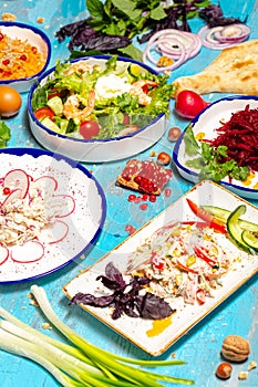 Georgian food dishes with herbs, meat, chopped vegetables and spices on many 5 white plates, on a blue sea background