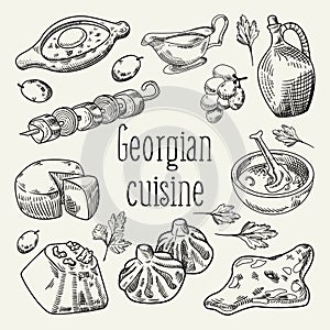 Georgian Food Hand Drawn. Georgia Traditional Cuisine with Dumpling and Khinkali