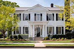 georgian house exterior with hip roof and white shutters