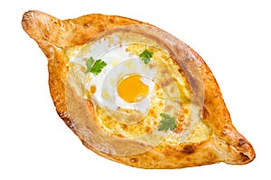 Georgian khachapuri with egg isolated on white, close-up