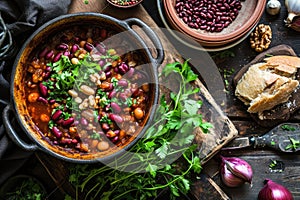 Georgian Lobio, Cooked Beans, Red Beans with Meat and Spices, Lobio in Ceramic Pot on Rustic Background