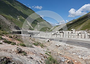 The Georgian military road at the foot of mount Kazbek.