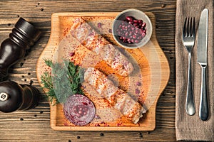 Georgian national dish of meat lulia-kebab on a wooden board