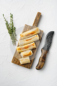 Georgian pancake on white stone table background, top view flat lay