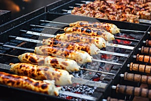 Georgian traditional dish - khachapuri, pastry with cheese on a skewer fried on the grill. Fresh hot tasty street food.