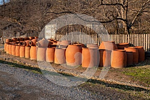 Georgian traditional jugs kvevri for wine, outdoor photo