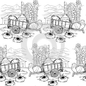 Georgian traditional vineyard with kvevri. Countriside panorama on a background. Black and white sketch style seamless pattern