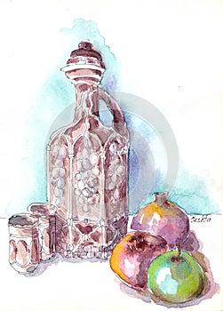 Georgian wine and fruit - watercolor Still life