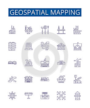 Geospatial mapping line icons signs set. Design collection of Geomapping, Geospatial, GIS, Mapping, Visualization