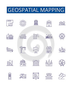 Geospatial mapping line icons signs set. Design collection of Geomapping, Geospatial, GIS, Mapping, Visualization