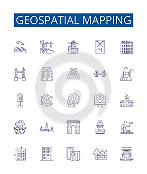 Geospatial mapping line icons signs set. Design collection of Geomapping, Geospatial, GIS, Mapping, Visualization