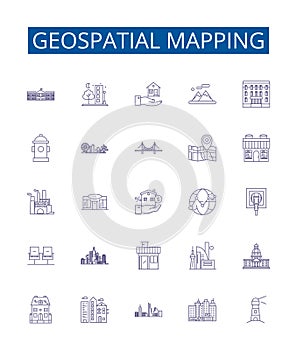 Geospatial mapping line icons signs set. Design collection of Geomapping, Geospatial, GIS, Mapping, Visualization