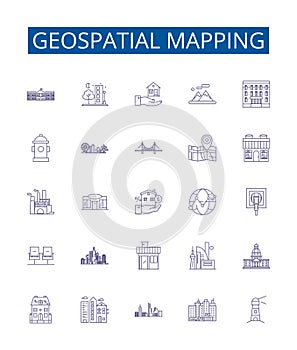 Geospatial mapping line icons signs set. Design collection of Geomapping, Geospatial, GIS, Mapping, Visualization photo