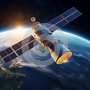 Geostationary orbit satellite above the Earth, 3D render photo